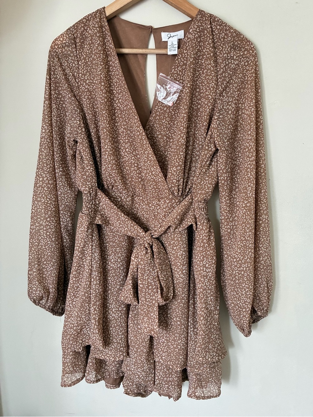 Japna Brown Animal Print Long Sleeve Ruffle Romper Neutral L Tie Waist Wrap Neck
